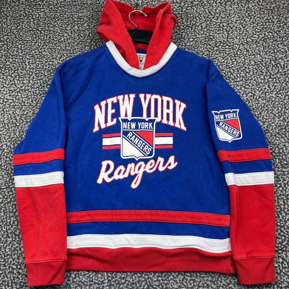 New York Rangers Hoodie Men Medium Blue Red Vintage Hockey NHL Pullover Jersey